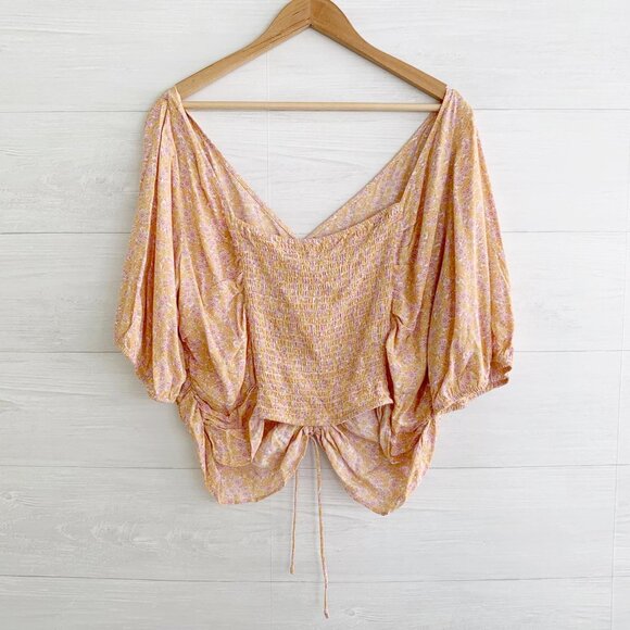 NWT H&M - Orange floral ruched smocked back short sleeve peasant top, XXL - Picture 4 of 5